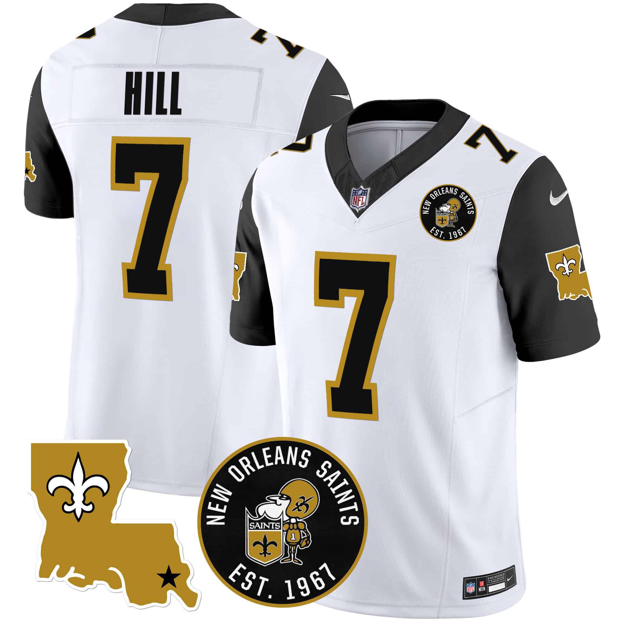 Men New Orleans Saints #7 Hill White 2024 Nike 1967 Patch Vapor Limited NFL Jersey style 2